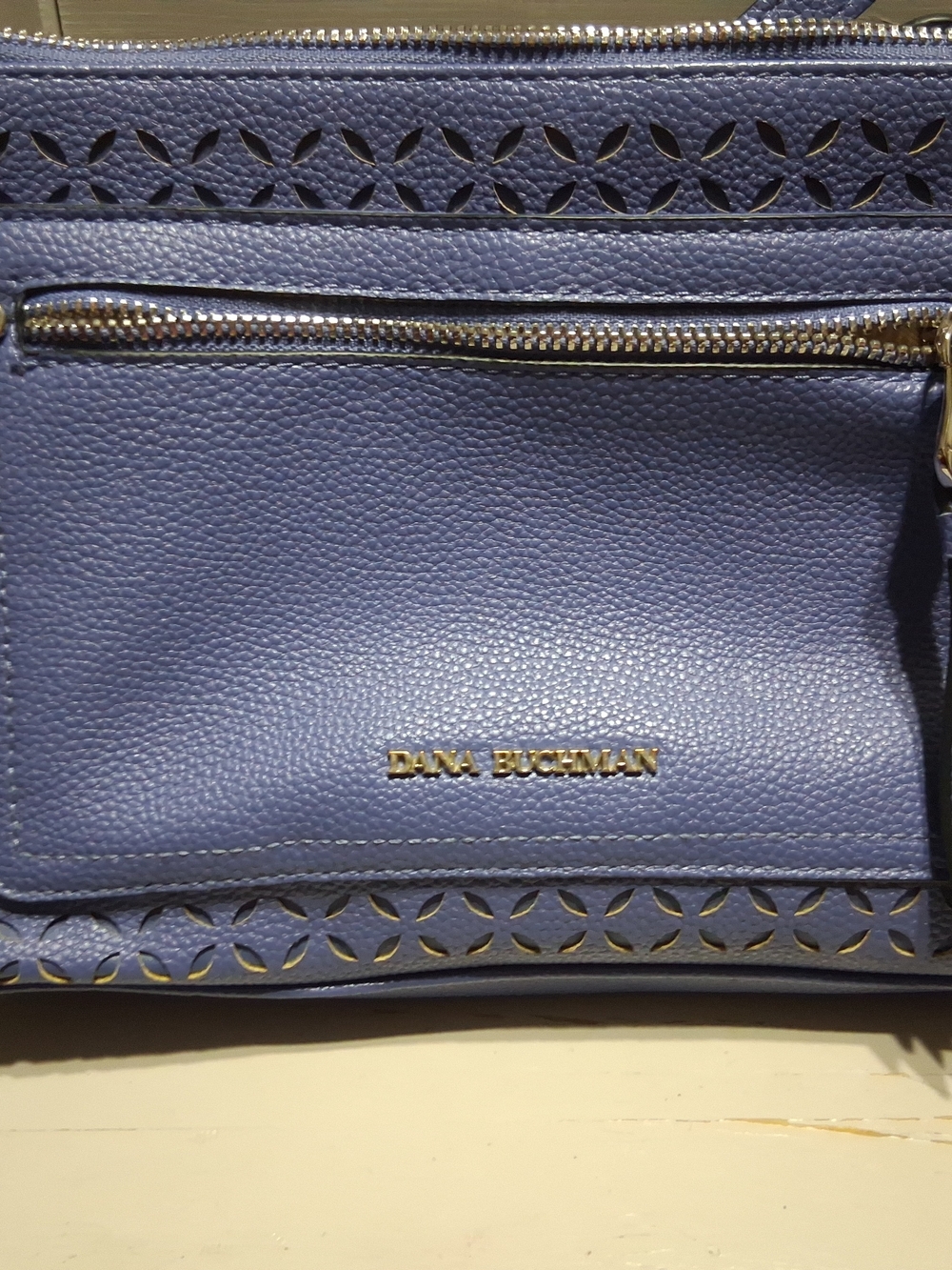 Dana Buchman Periwinkle Blue Perforated Leather Crossbody Bag Zip Pocket